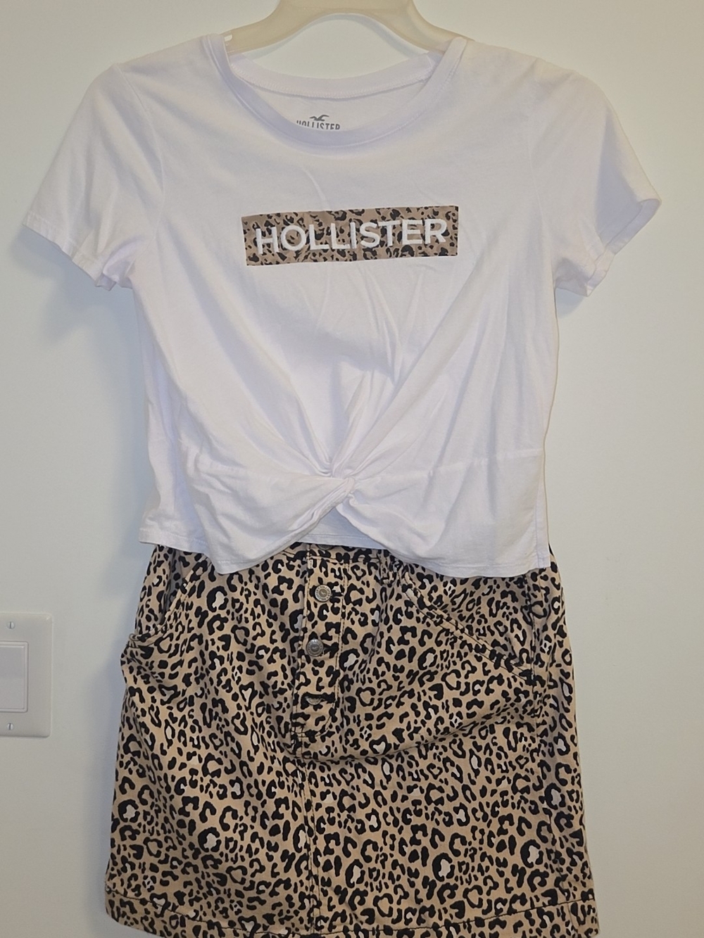 Hollister White Cropped Tee with Leopard Print Skirt